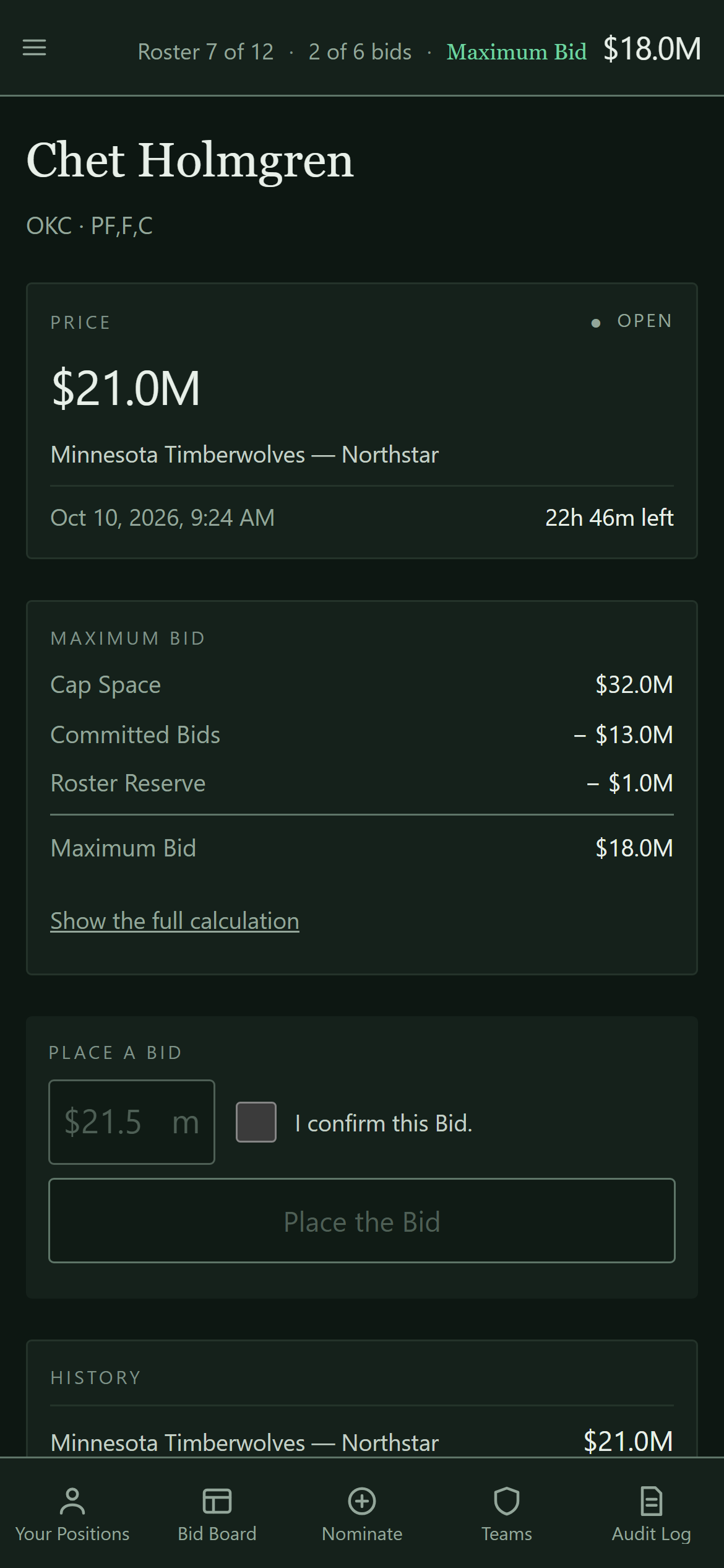 The Chet Holmgren auction page. The price card shows $21.0M led by Minnesota Timberwolves, Northstar, with 22h 49m left. Below it, a Maximum Bid card lists Cap Space $32.0M, Committed Bids minus $13.0M, Roster Reserve minus $1.0M and Maximum Bid $18.0M, with a link to show the full calculation.