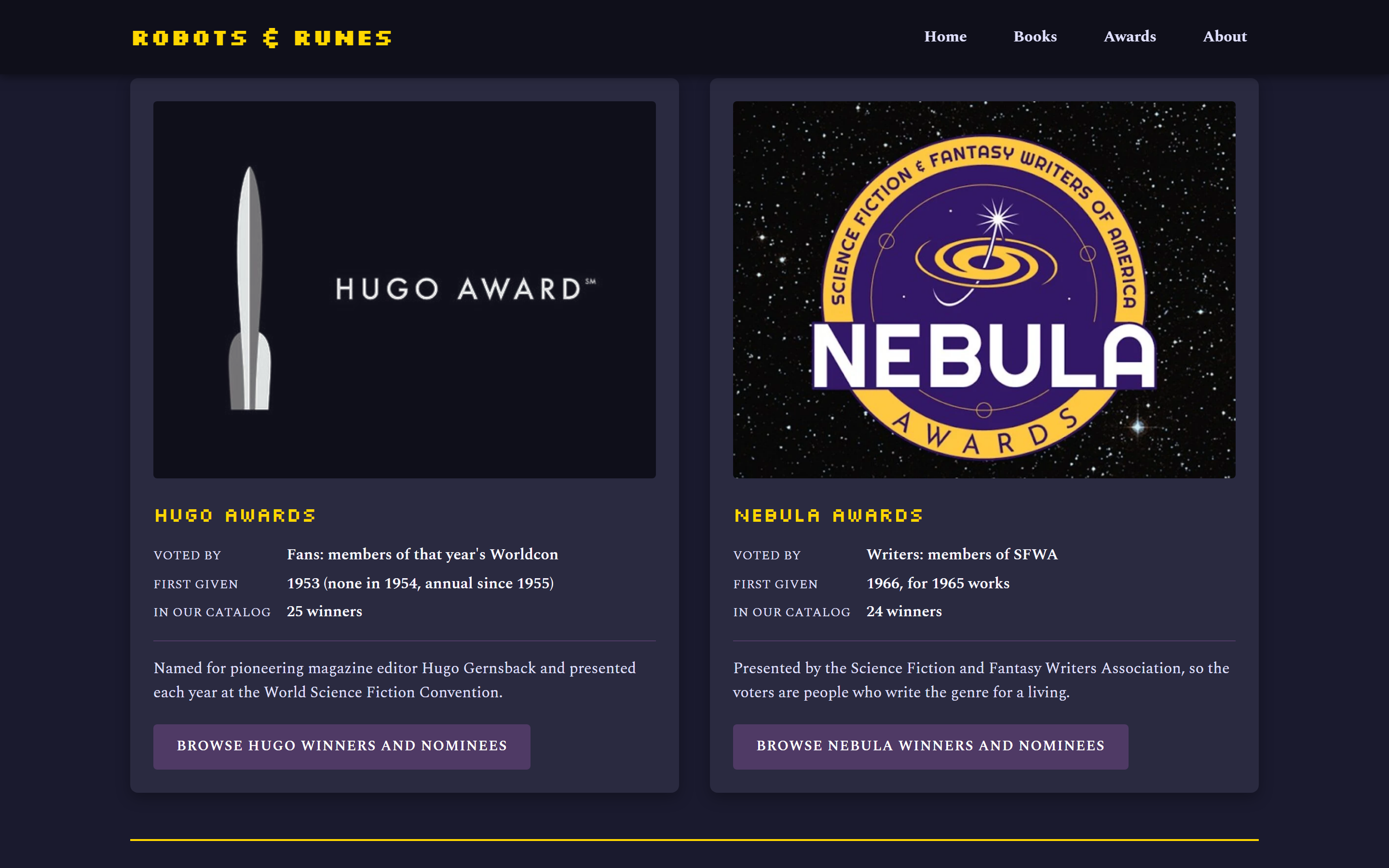 The Hugo vs. Nebula page. Two panels sit side by side, each with the award's logo and a short fact list: voted by, first given, and winners in the catalogue (25 Hugo, 24 Nebula). Each ends in a button: Browse Hugo winners and nominees, Browse Nebula winners and nominees.
