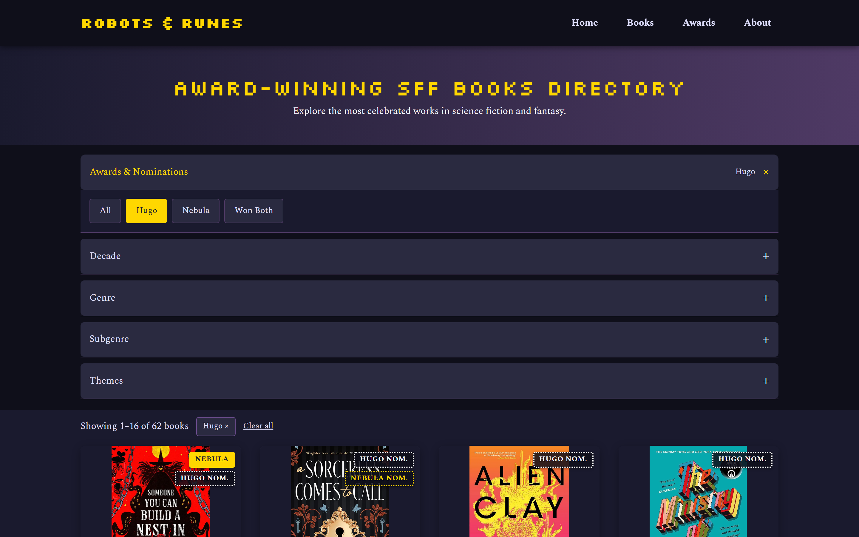 The Books directory filtered to Hugo. The Awards & Nominations group is open with Hugo selected in gold, and its header repeats the selection. Below the closed Decade, Genre, Subgenre and Themes groups, a bar reads Showing 1–16 of 62 books, with a removable Hugo chip and a Clear all link.
