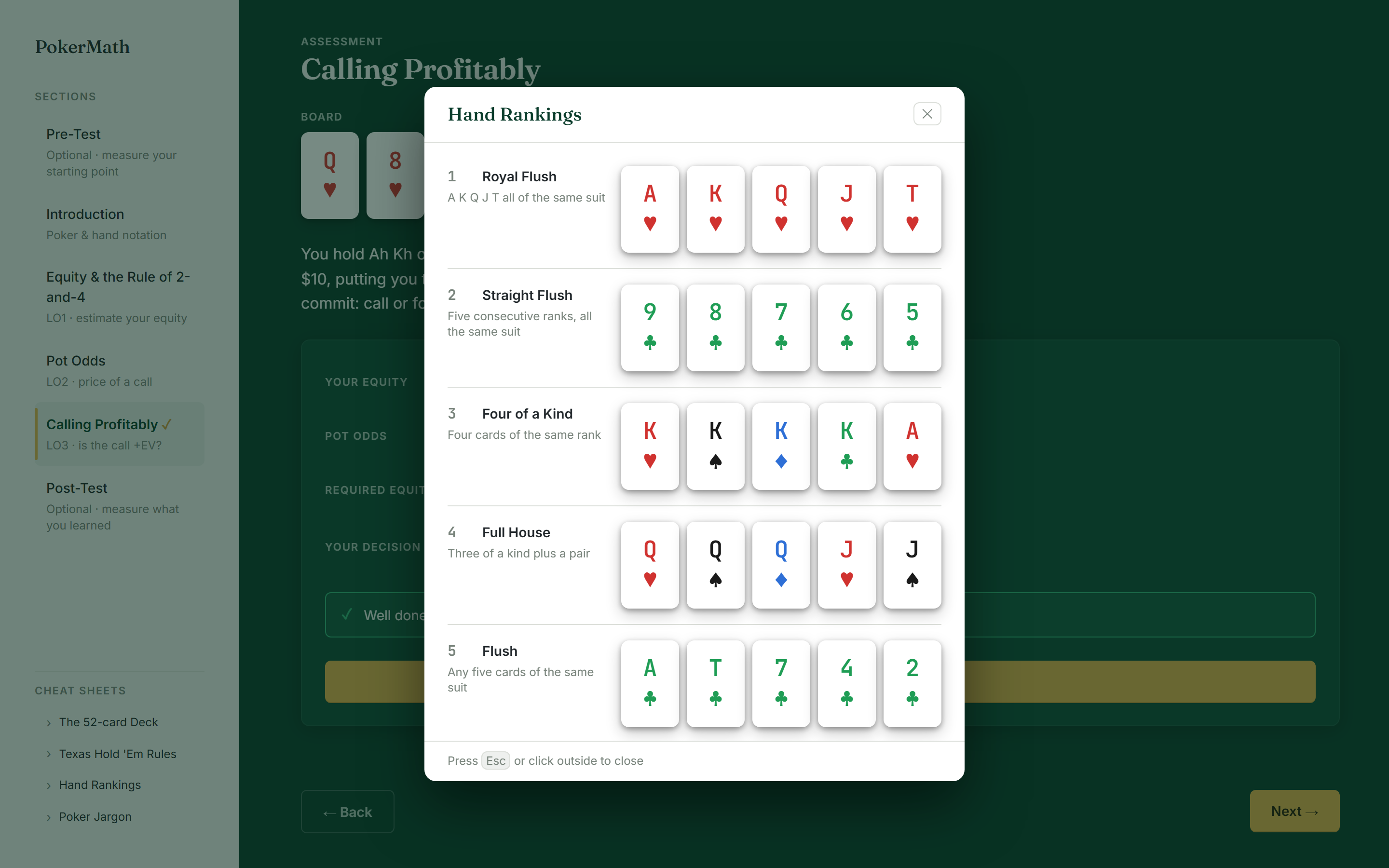 A Hand Rankings cheat sheet open as a modal over the lesson. It lists ranked poker hands, Royal Flush to Flush, each with a short description and five four-colour playing cards.