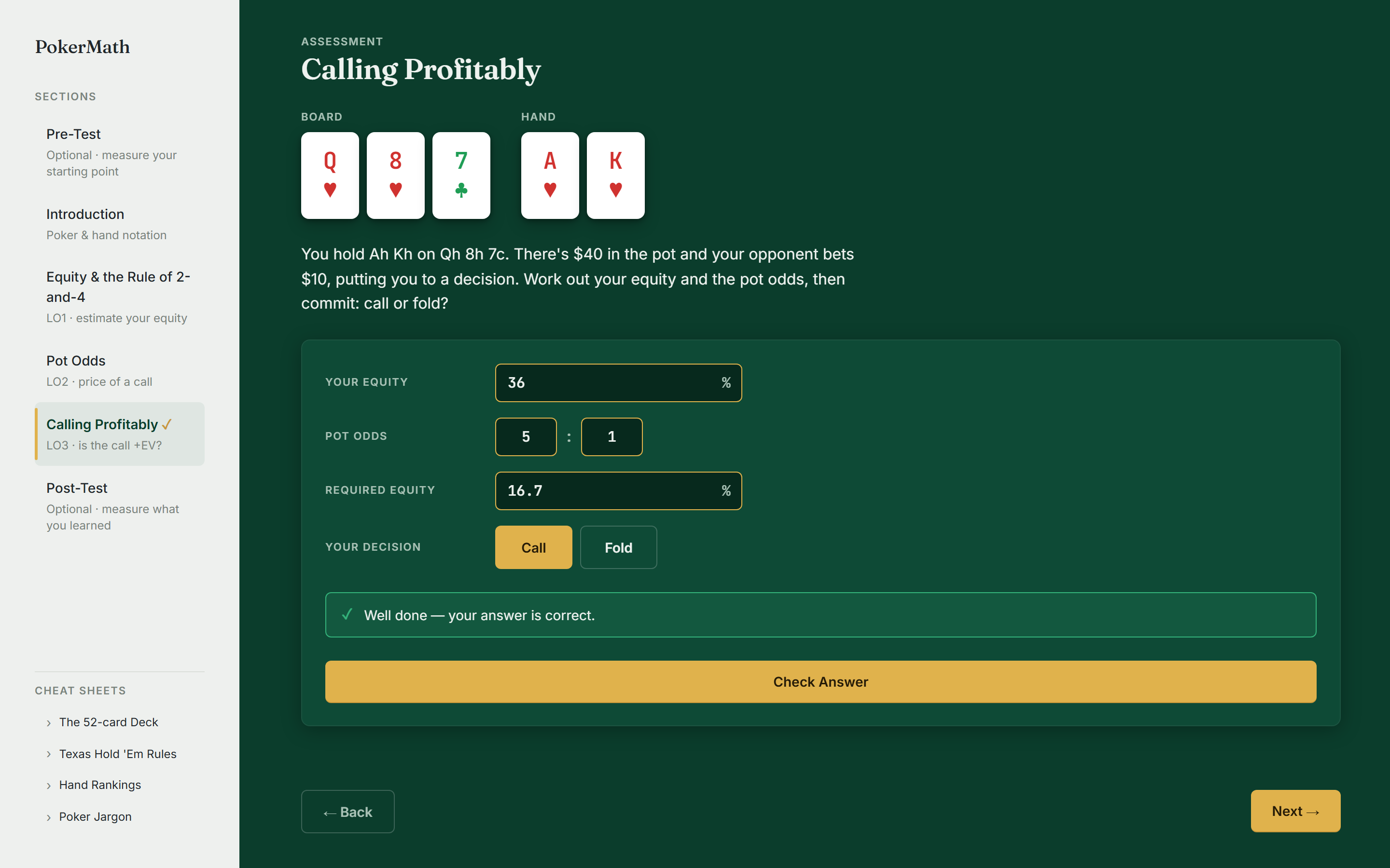 The Calling Profitably assessment, completed. Equity is 36 percent, pot odds are 5 to 1, required equity is 16.7 percent, and Call is selected. A green row reads: Well done — your answer is correct. The sidebar shows a check mark next to Calling Profitably.