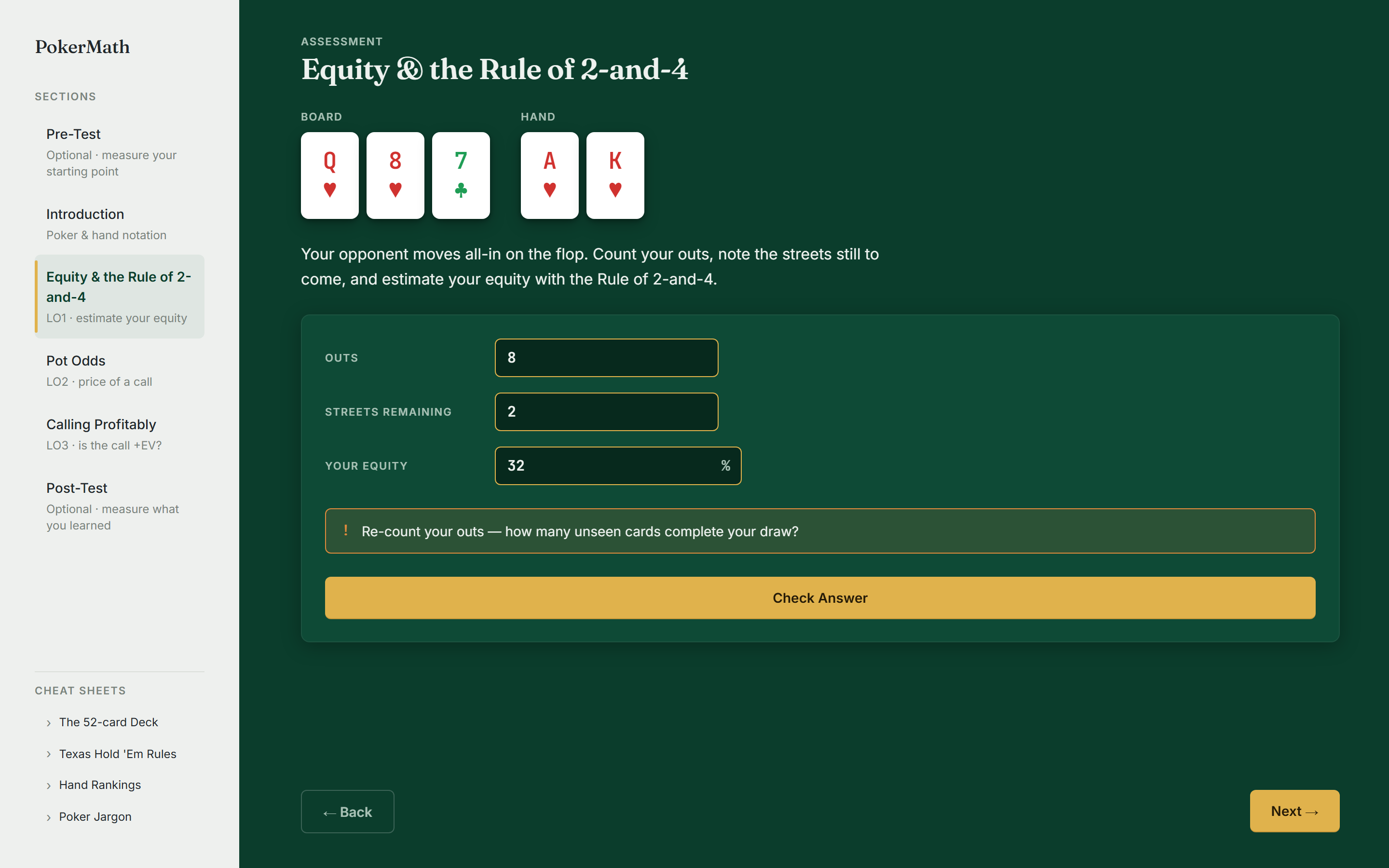The equity assessment. The board and hand cards sit above three input fields: outs set to 8, streets remaining set to 2, and equity set to 32 percent. Below them, an amber hint reads: Re-count your outs — how many unseen cards complete your draw?